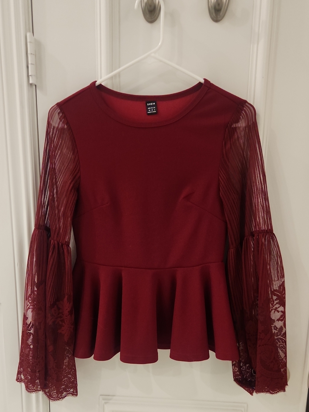 SHEIN Burgundy Peplum Top with Sheer Lace Bell Sleeves